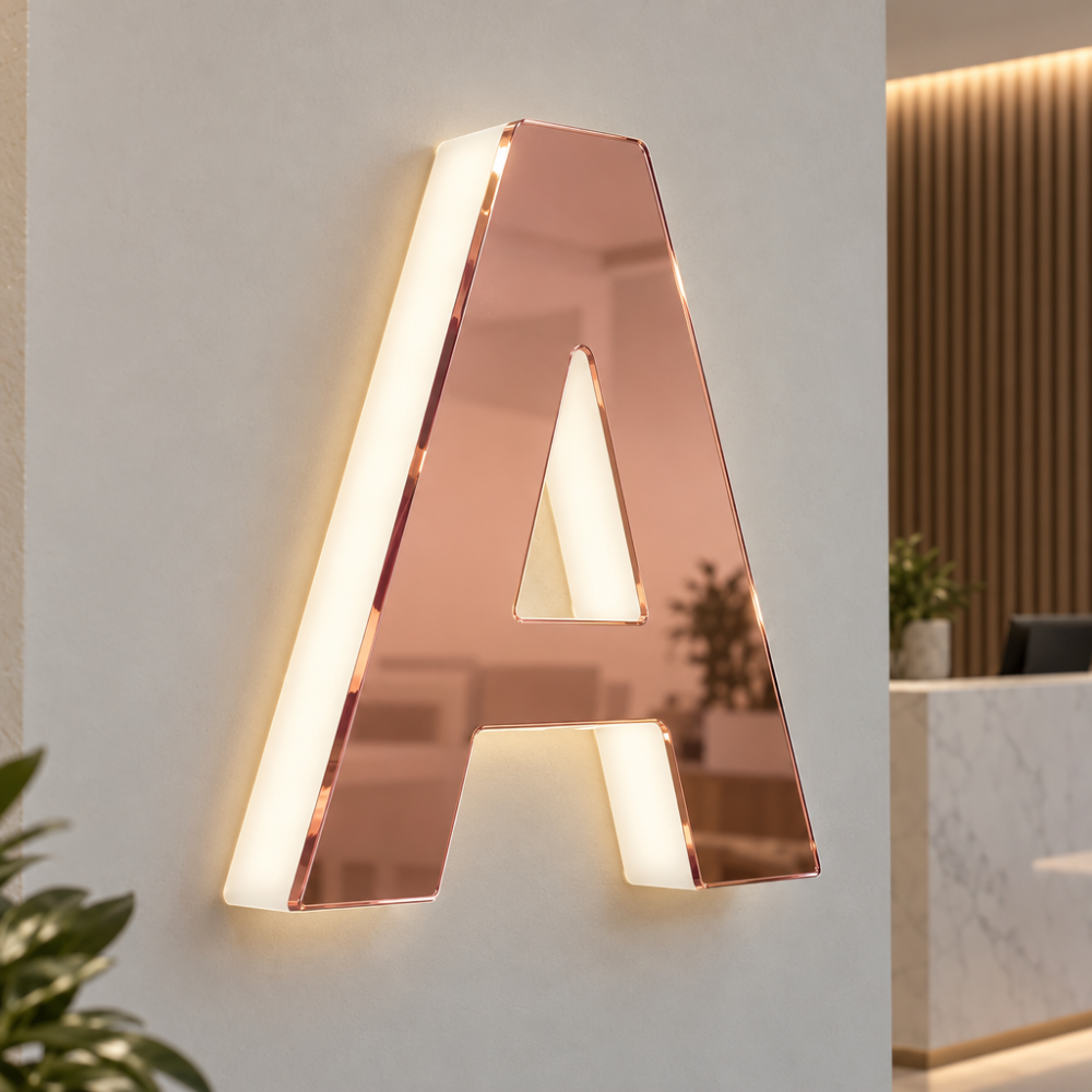 Lysande bokstav A med spegelfinish i roséguld på opalvitt plexiglas, 20 mm tjock, monterad på en vägg