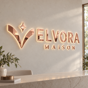 Den belysta skylten ELVORA MAISON i roséguldsfärgat spegelplexiglas, installerad vid entrén