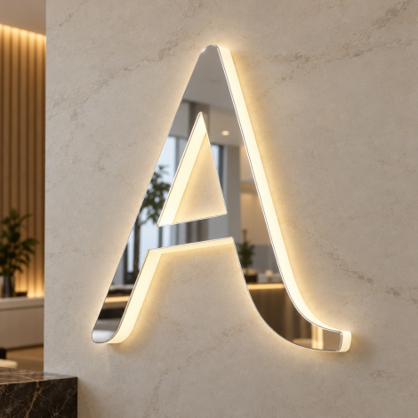 Letra A luminosa em plexiglas espelhado, com face prateada refletora e bordos visíveis, instalada numa receção contemporânea.