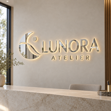 Tilpasset, lysende skilt i speilplexiglass med LUNORA ATELIER, abstrakt emblem og montering på veggen i en resepsjon