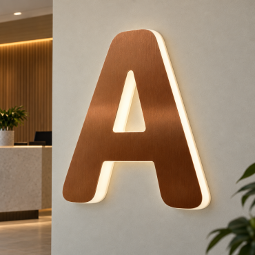 Lettre A lumineuse en Dibond cuivre satiné avec méthacrylate blanc, installée au mur d’un accueil de bureau.