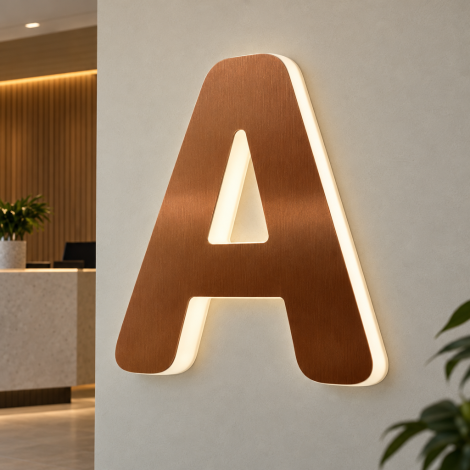 Lettera A luminosa in Dibond satinato color rame con metacrilato bianco, installata sulla parete della reception di un ufficio.
