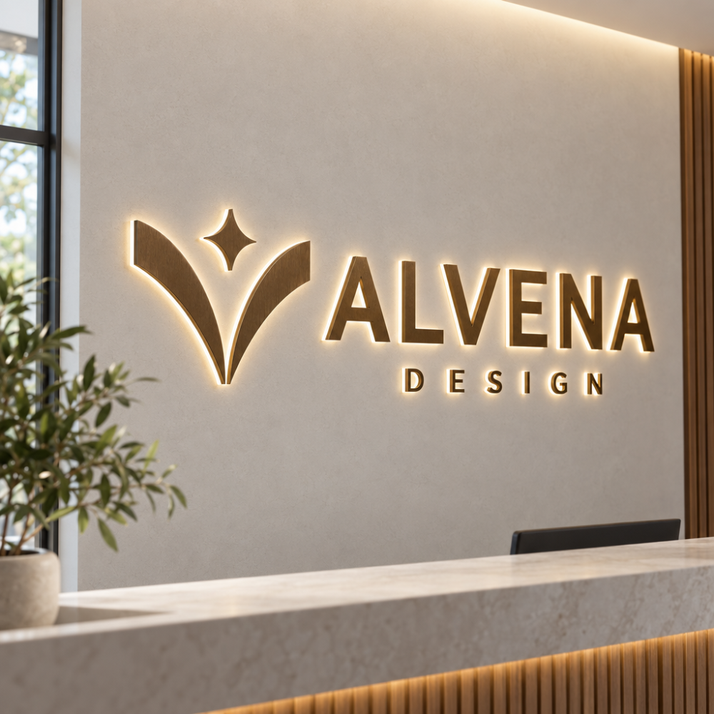 Belyst skylt ALVENA DESIGN i Dibond med satinbronsfinish, monterad på en receptionsvägg