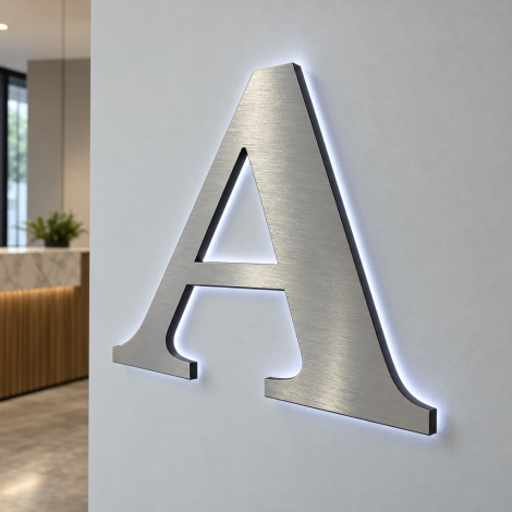 Lettre lumineuse A en Dibond argent satiné, avec chant sombre, installée sur un mur d’accueil contemporain