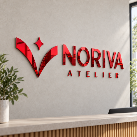 Επιτοίχια επιγραφή NORIVA ATELIER από κόκκινο plexiglass καθρέφτη, με αφηρημένο έμβλημα και κομμένα γράμματα