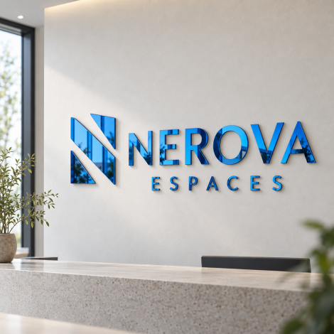NEROVA ESPACES wall sign in light blue mirror-finish acrylic, with a cut emblem and separate letters