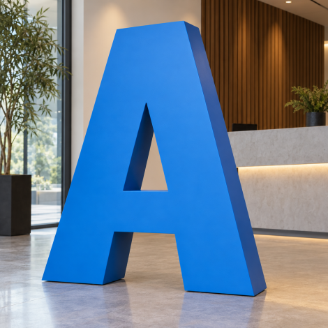 Obří matné a neosvětlené hliníkové písmeno A zobrazené v prostoru v současné recepci.