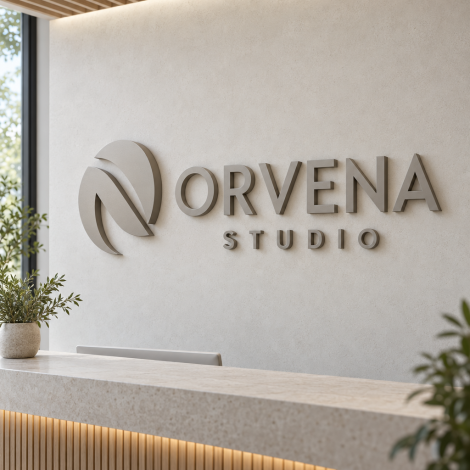 Pie sienas piestiprināta alumīnija izkārtne ORVENA STUDIO ar reljefu emblēmu un matētu apdari