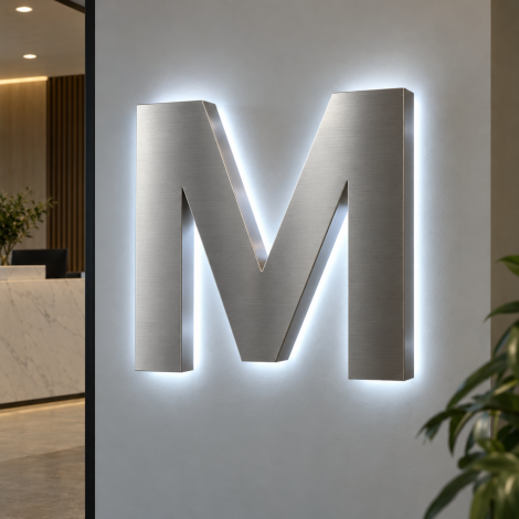Verlichte 3D-letter M van gesatineerd roestvrij staal, met koudwitte lichtkrans verspreid door de translucente achterkant