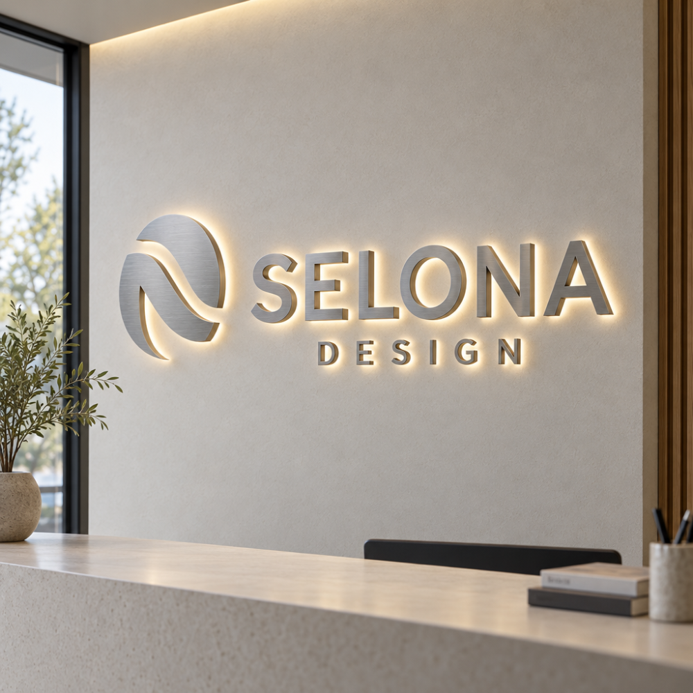 Belyst 3D-skilt SELONA DESIGN i satinpoleret rustfrit stål med emblem og bogstaver bagbelyst i varmt hvidt lys ved receptionen
