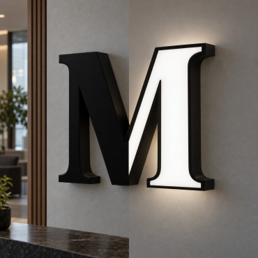 Specialfremstillet lysbogstav M med sort frontflade, når det er slukket, og hvid, når det er tændt, med synlig dybde i en