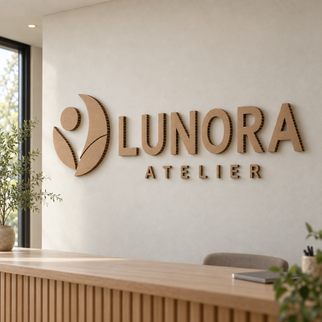 Kraft felületű, méhsejtkartonból készült LUNORA ATELIER falitábla kivágott emblémával és térhatású betűkkel.
