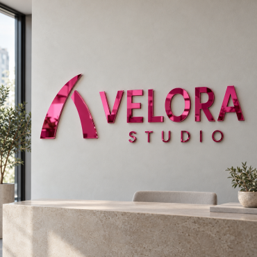 Kompletan natpis VELORA STUDIO od zrcalnog pleksiglasa u boji fuksije, s apstraktnim amblemom na zidu prostora za doček