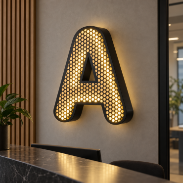 LED-bokstav A i aluminium med matt svart finish, sekskantet perforert front og varmhvitt lys