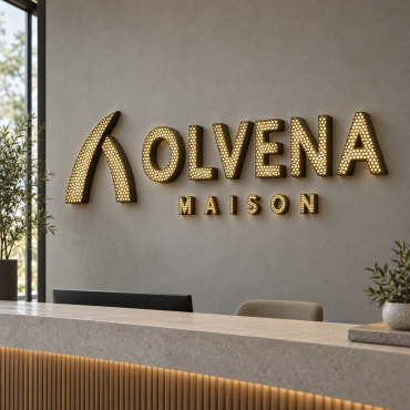 Svetlobna tabla z logotipom OLVENA MAISON iz mat barvanega aluminija, s šesterokotno perforirano sprednjo stranjo in toplo belo