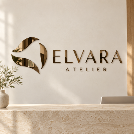Vægskiltet ORVENA STUDIO med emblem og bogstaver i bronze spejlplexiglas