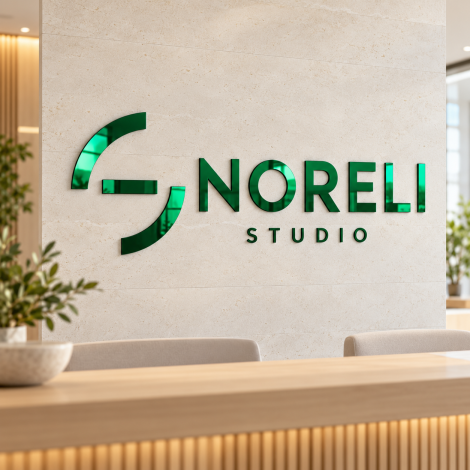 Επιτοίχια επιγραφή AVENOR ESPACES με γράμματα κομμένα από πράσινο πλεξιγκλάς καθρέφτη