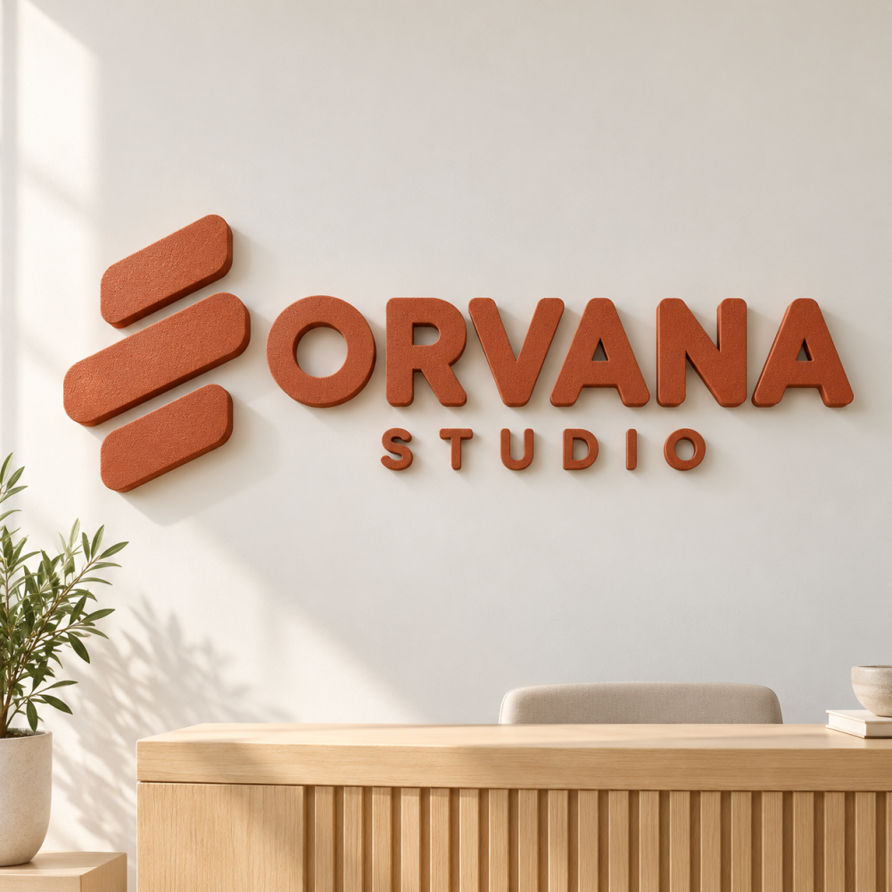 Custom polystyrene sign with emblem, name and descriptor in a reception space