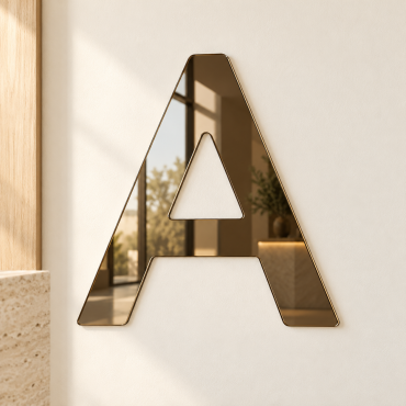 Písmeno A z 3mm bronzového zrcadlového plexiskla upevněné na světlé stěně v uvítacím prostoru