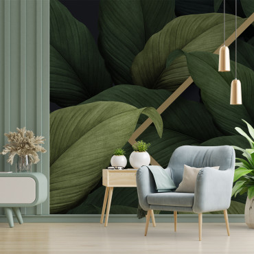 Præpasted tapet - Grønne tropiske blade og diamant