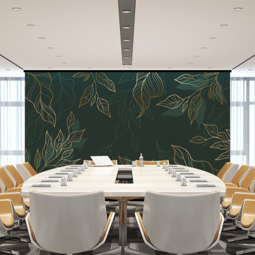 Papel de parede pré-colado - grandes folhas verdes e douradas